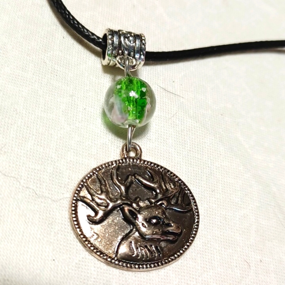 Deer pendant necklace charm silver glass bead antlers handmade tag gem hunting